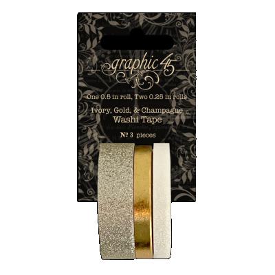 Graphic 45 Washi Tape Glitter & Gloss Rolls Ivory/Gold/Champagne