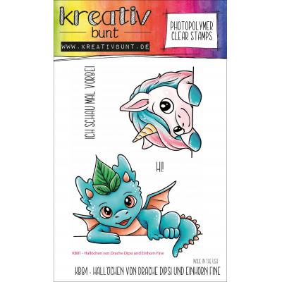 kreativbunt Stempel - Hallöchen von Drache Dipsi und Einhorn Fine
